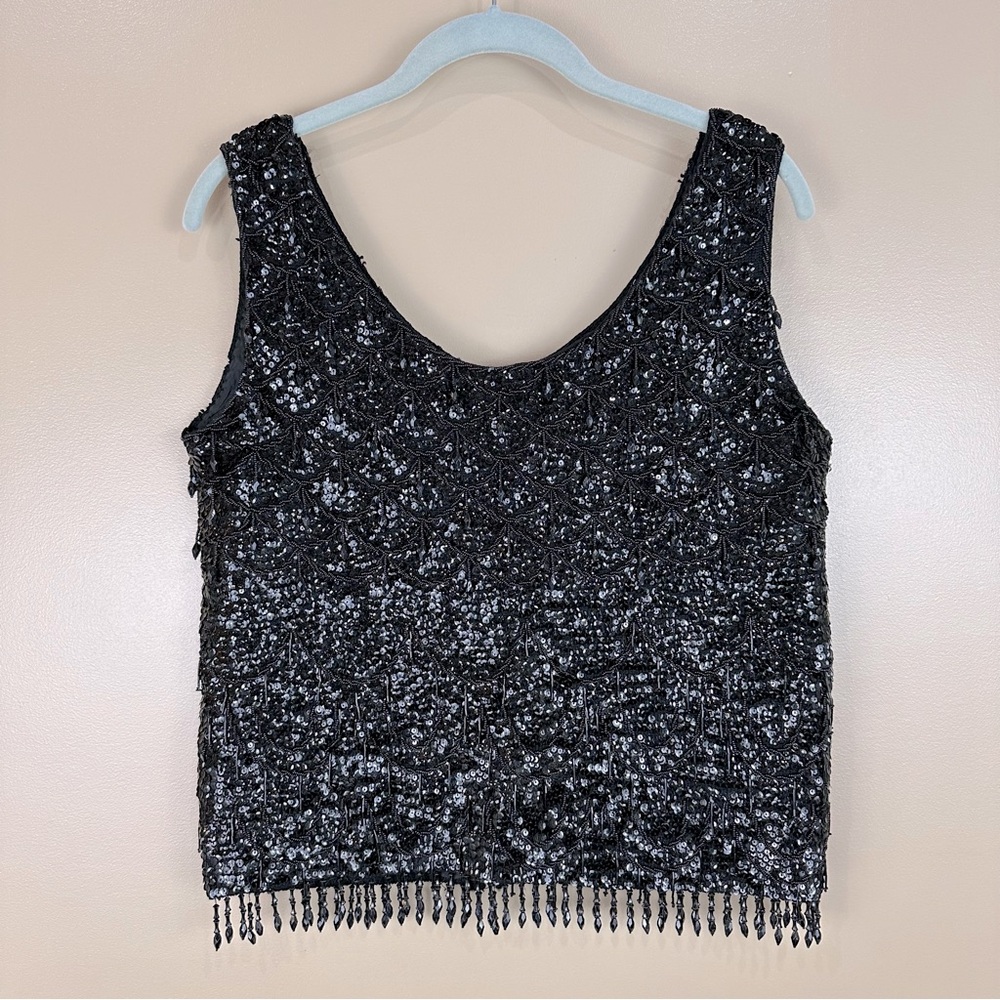 Vintage Cyn Les Black Wool Sequined & Beaded Scalloped Design Tank Top Medium